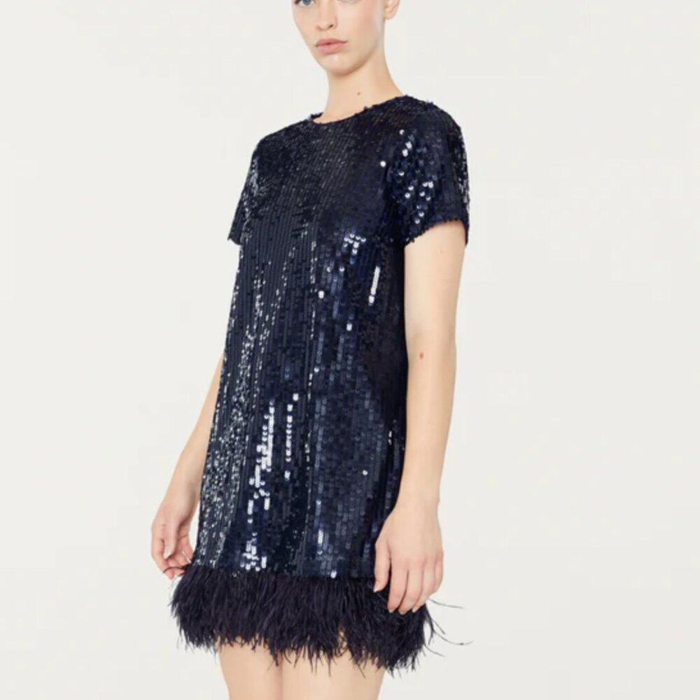 Likely Navy Marullo Sequin Feather Trim Mini Dress - 00